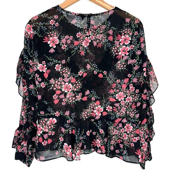 Zara Black Pink Floral Sheer Ruffle Long Sleeve Peplum Top Size Large - Picture 9 of 13